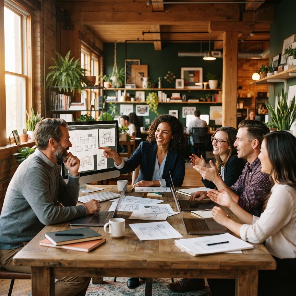 A business team collaborating in a warm, character-filled office