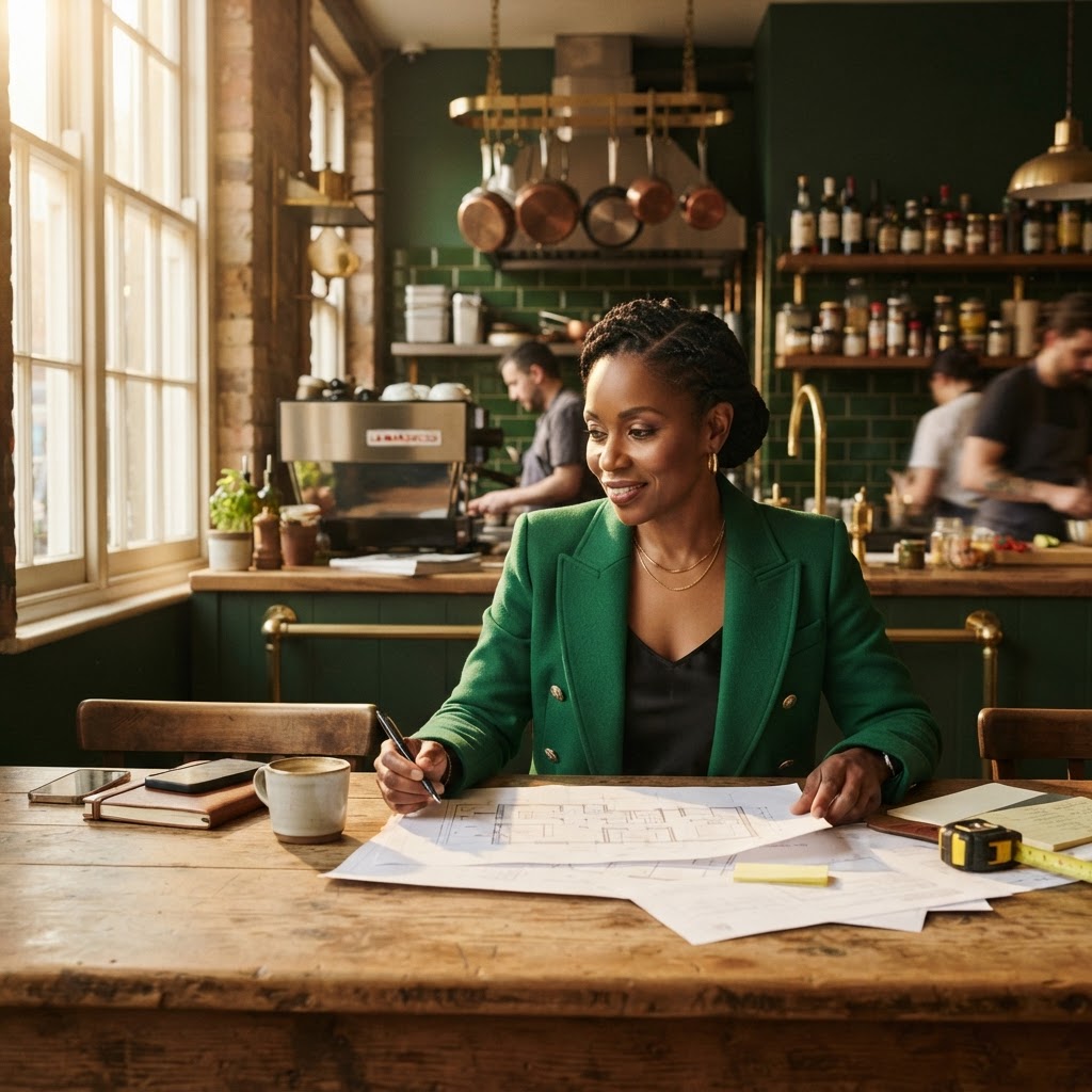A business owner reviewing plans in her warm, light-filled restaurant before opening