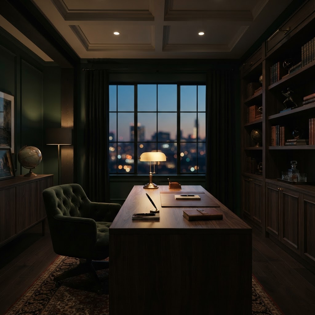 An elegant green office interior at dusk with a warm lamp glowing