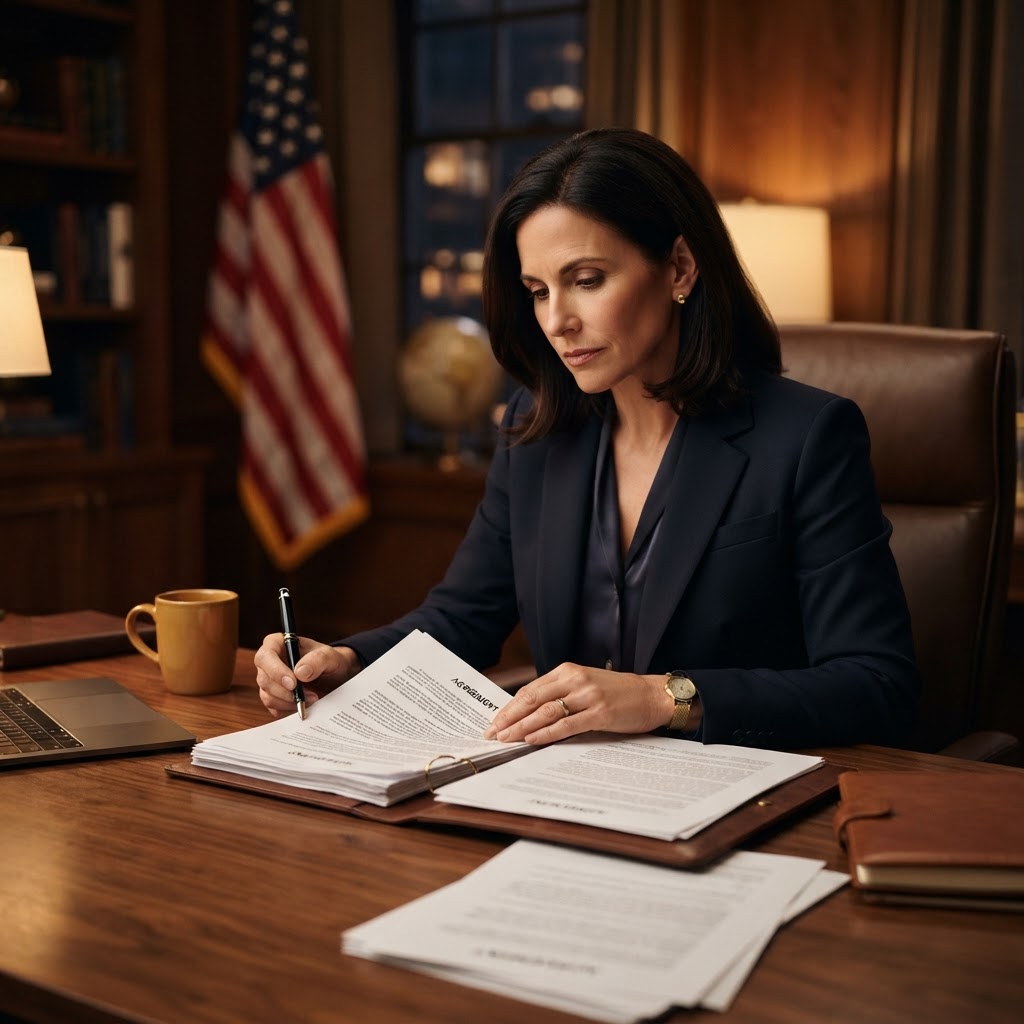 A professional reviewing contract documents in a warm office