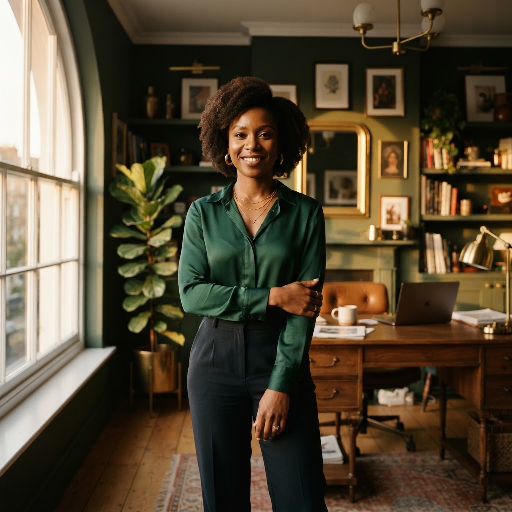 A confident business owner in a warm, character-filled office