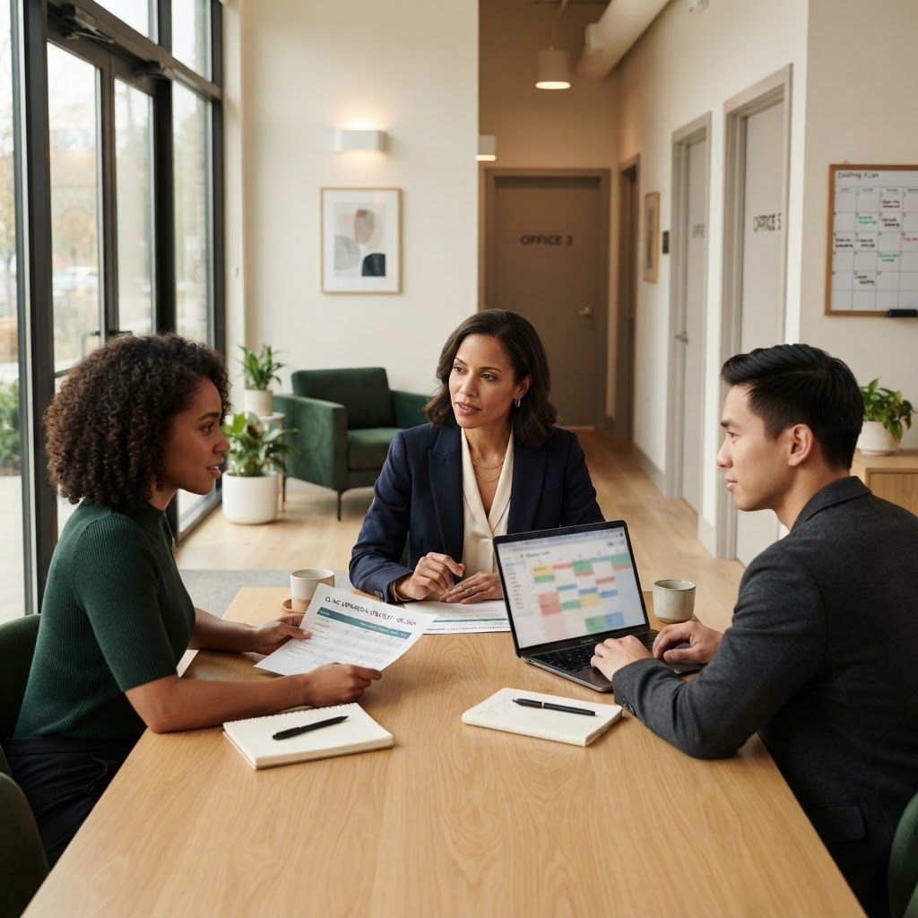 A practice owner leading a growth-planning discussion with colleagues
