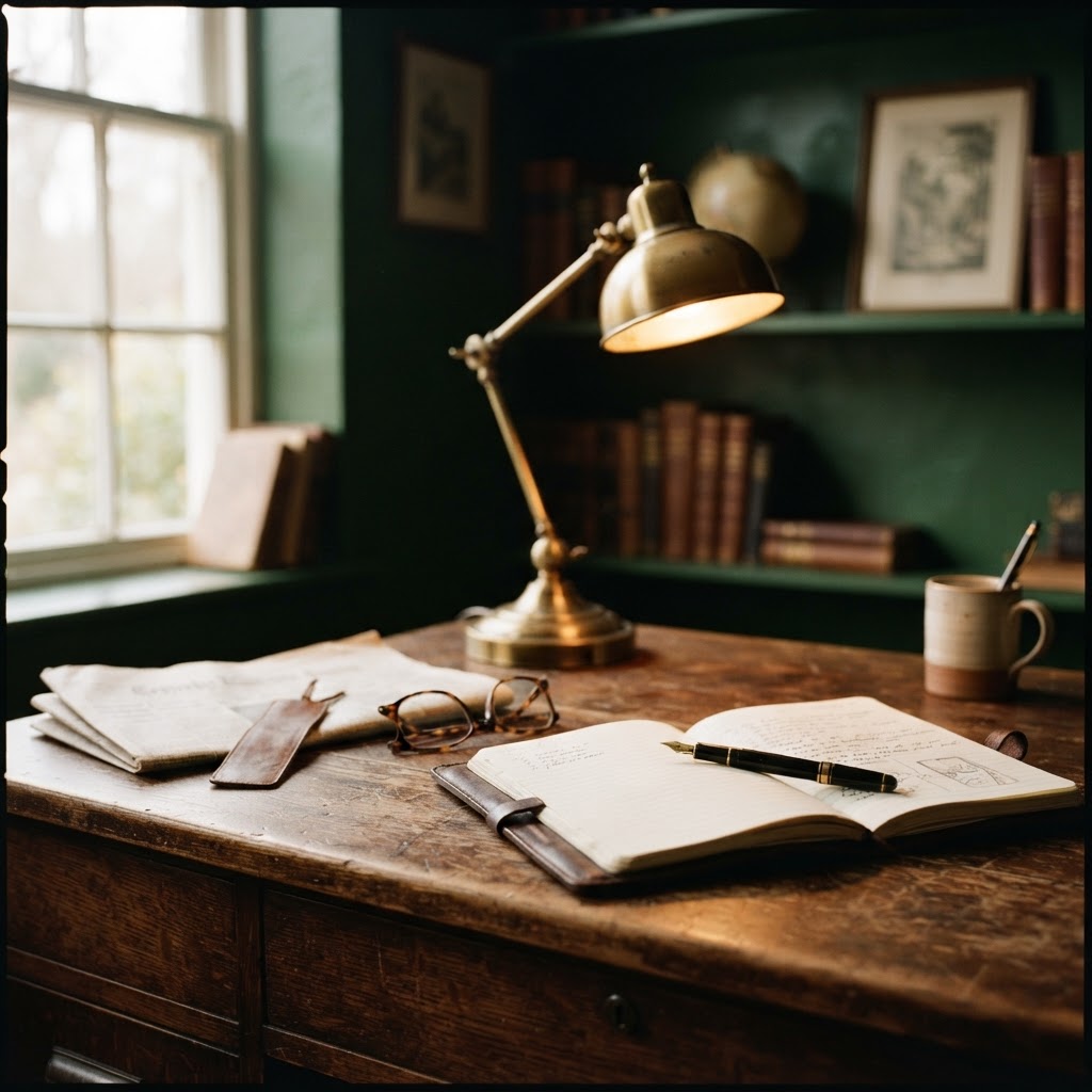 A warm wooden desk with an open notebook, pen, and brass lamp
