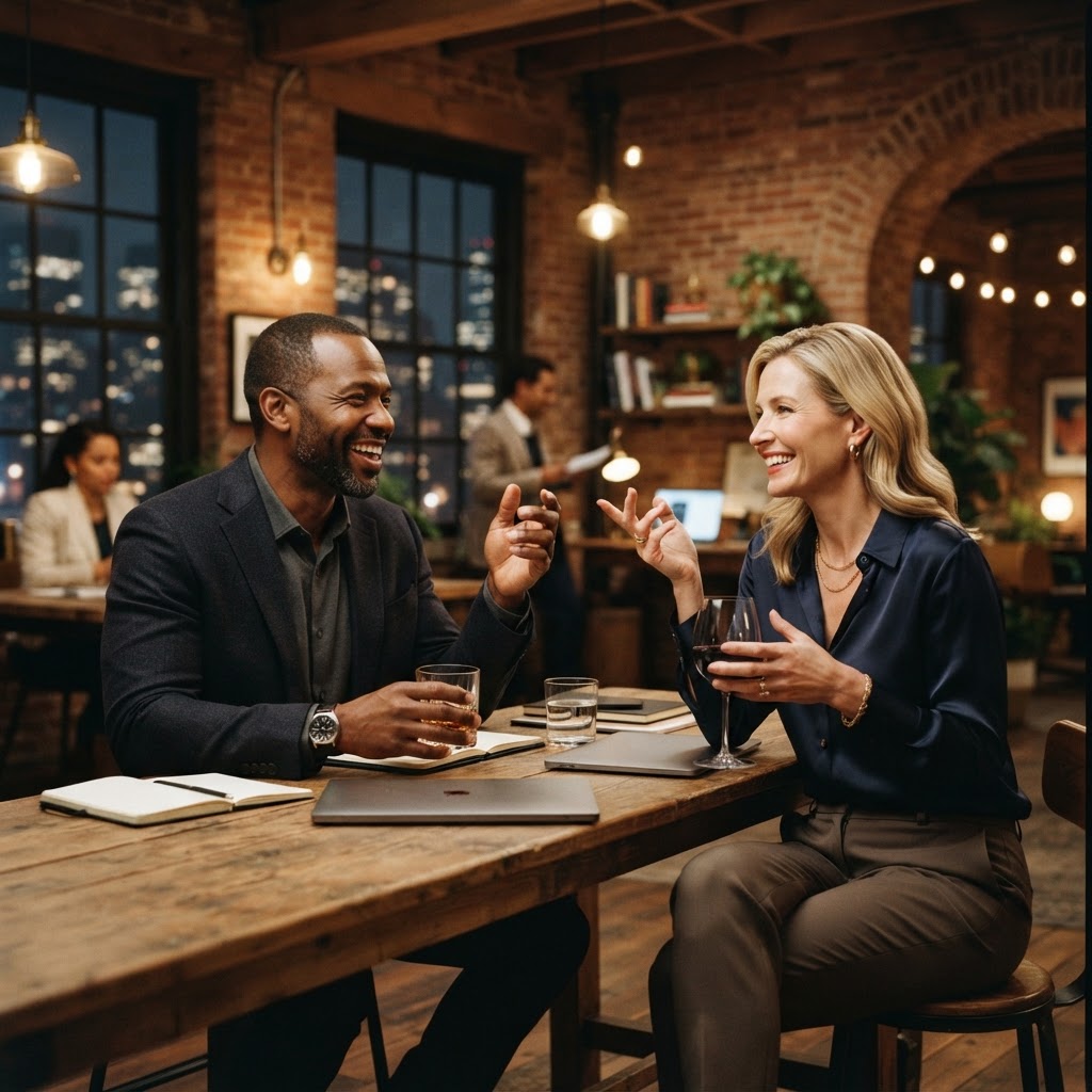 Two business owners in confident conversation in a warm loft office