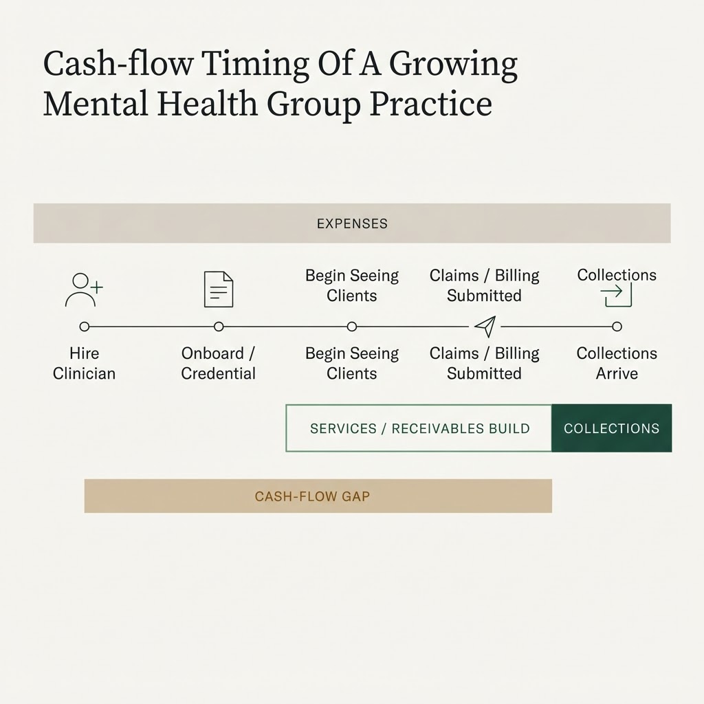Timeline showing hiring, onboarding and credentialing, seeing clients, billing, and collections, with a cash-flow gap spanning from hiring until collections arrive