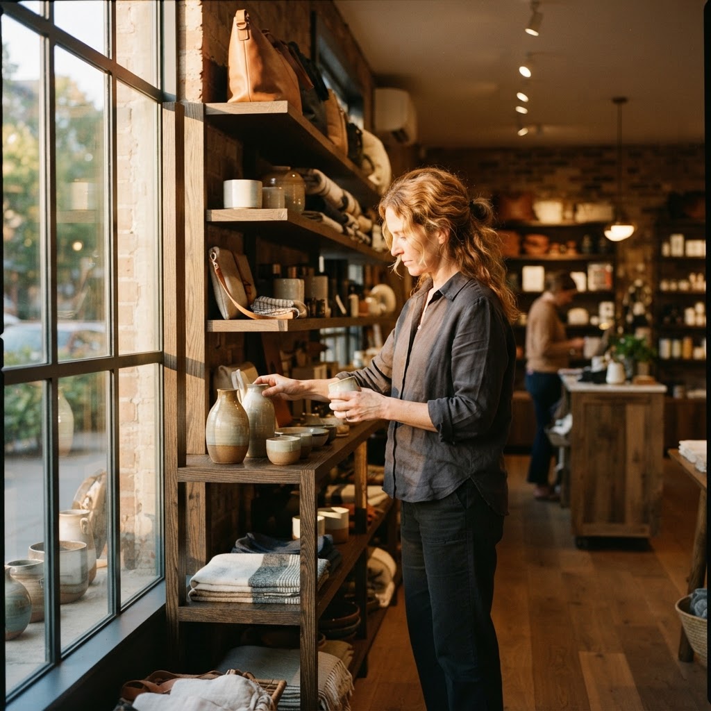 A shop owner arranging merchandise in a warmly lit boutique