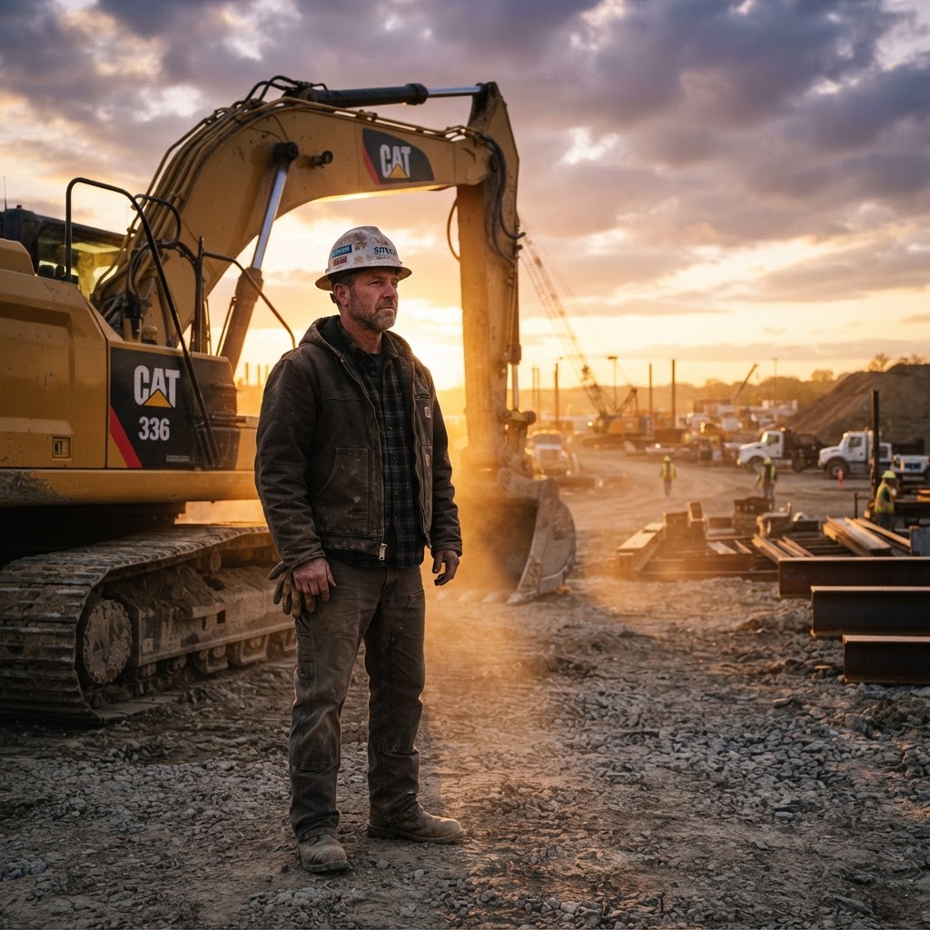 A contractor beside heavy machinery at golden hour