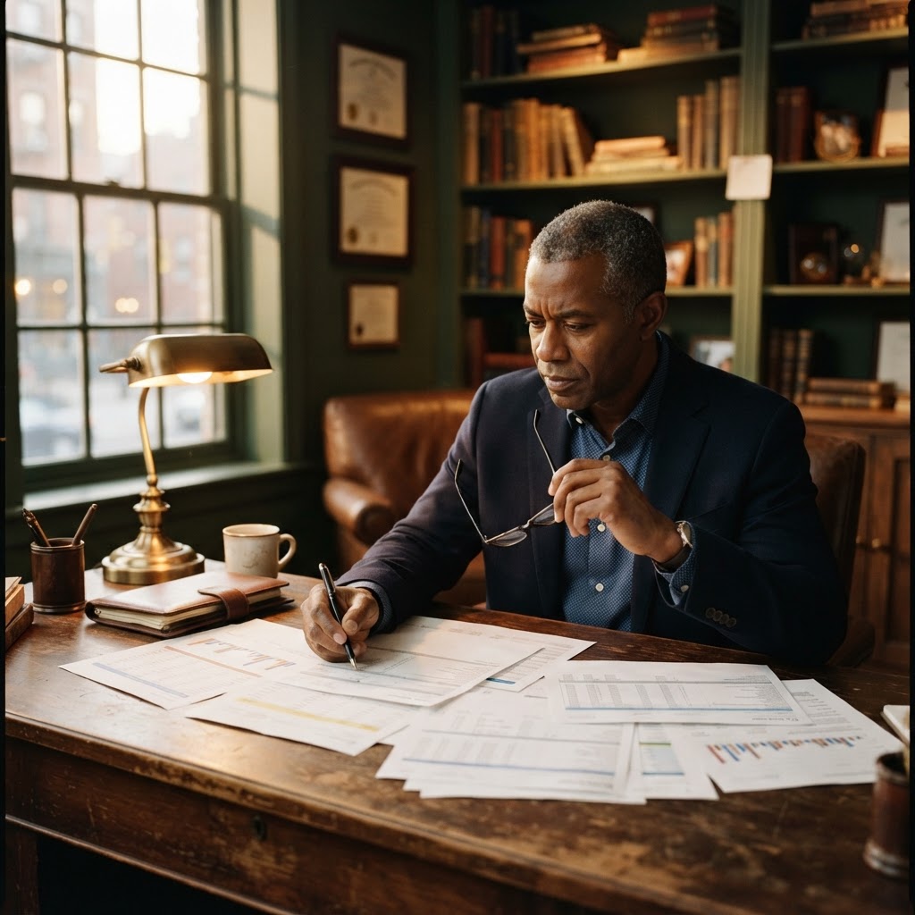 A business owner reviewing paperwork at a warm wooden desk