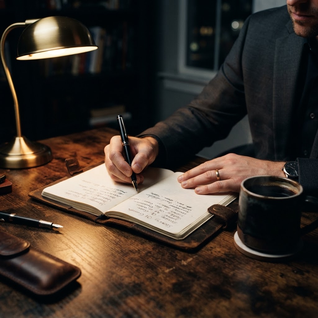 A business owner writing in a notebook in warm lamplight