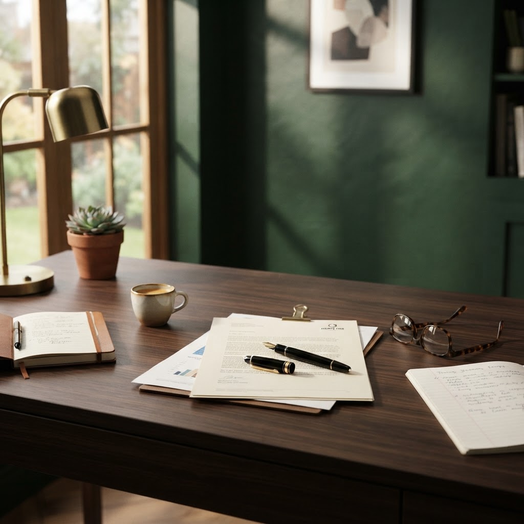 An elegant desk with documents and reading glasses in warm morning light