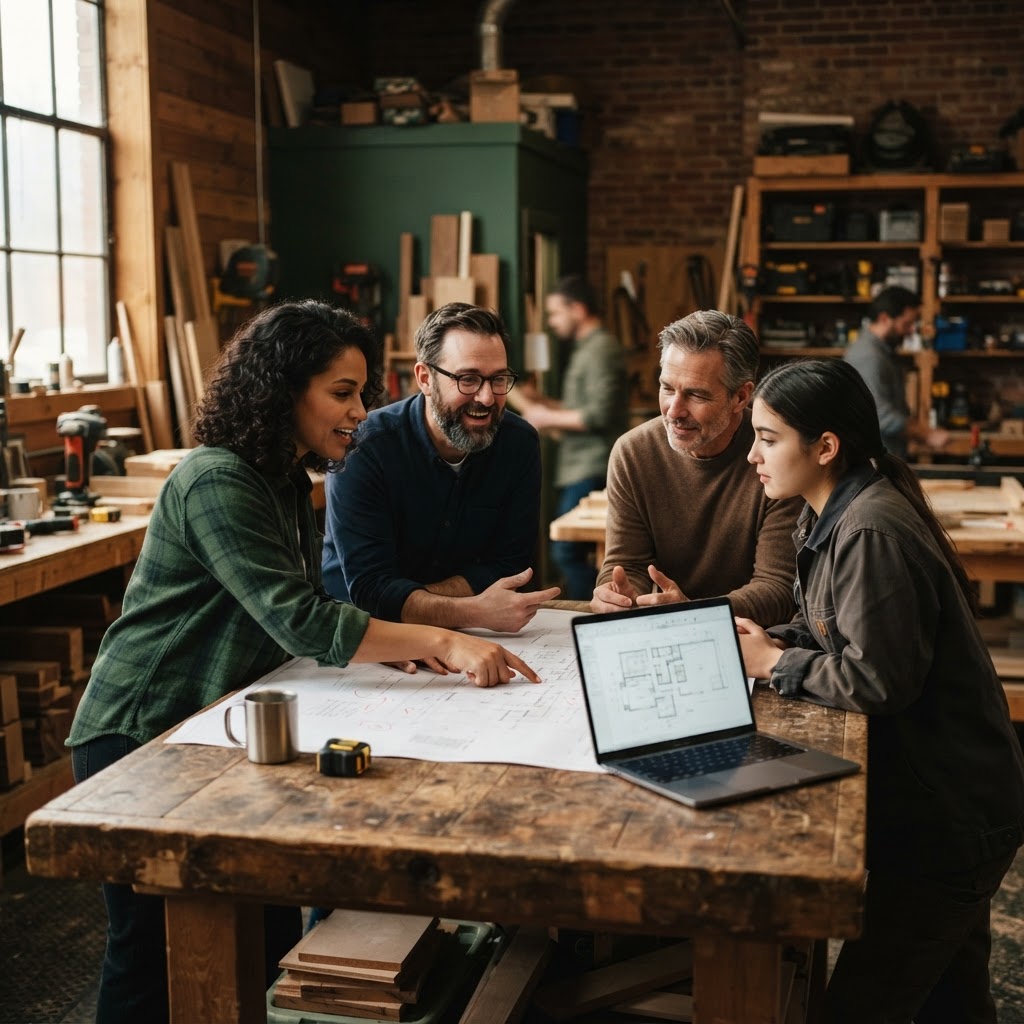 A business team reviewing plans together at a worktable in a warm workshop