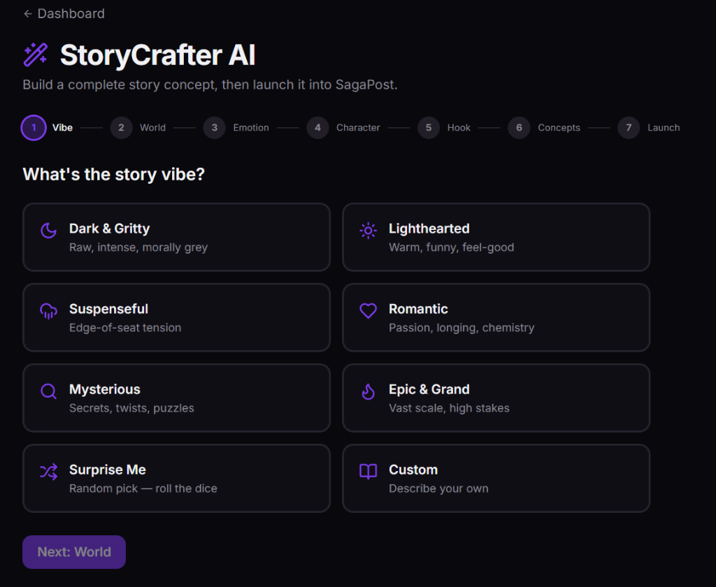 StoryCrafter AI — choosing the story vibe from simple tap options.