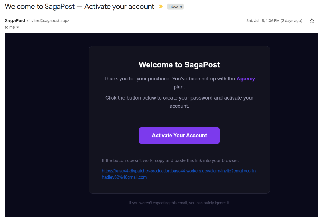 Welcome email with Activate Your Account button