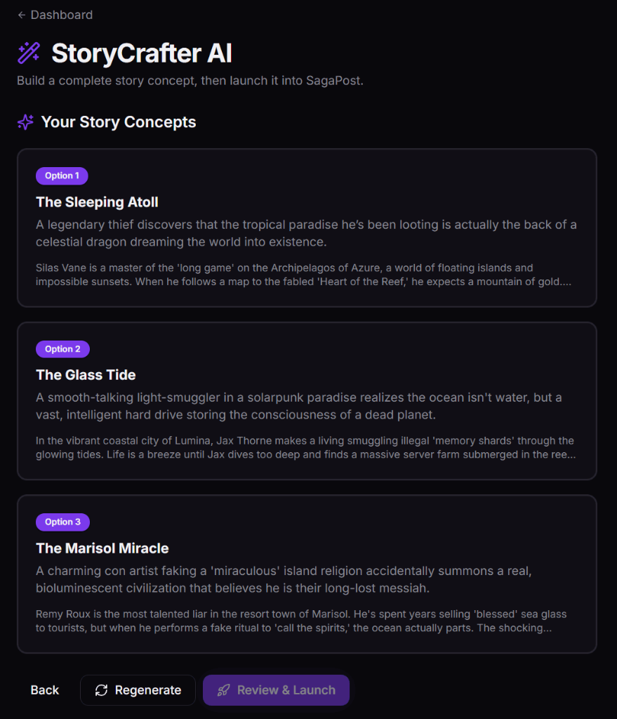 StoryCrafter AI — three generated story concepts to choose from.