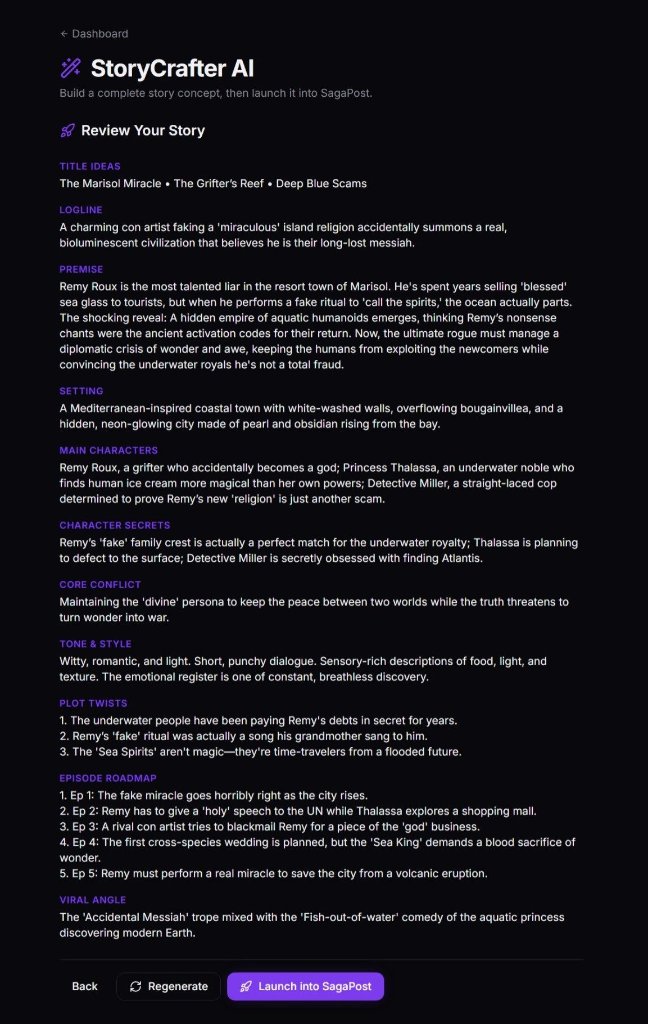 StoryCrafter AI — the full Story Bible with a Launch into SagaPost button.