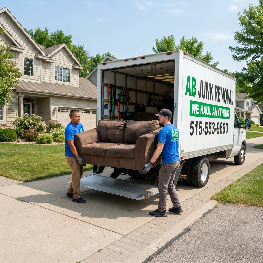 AB Junk Removal truck and crew removing furniture in Waukee, Iowa