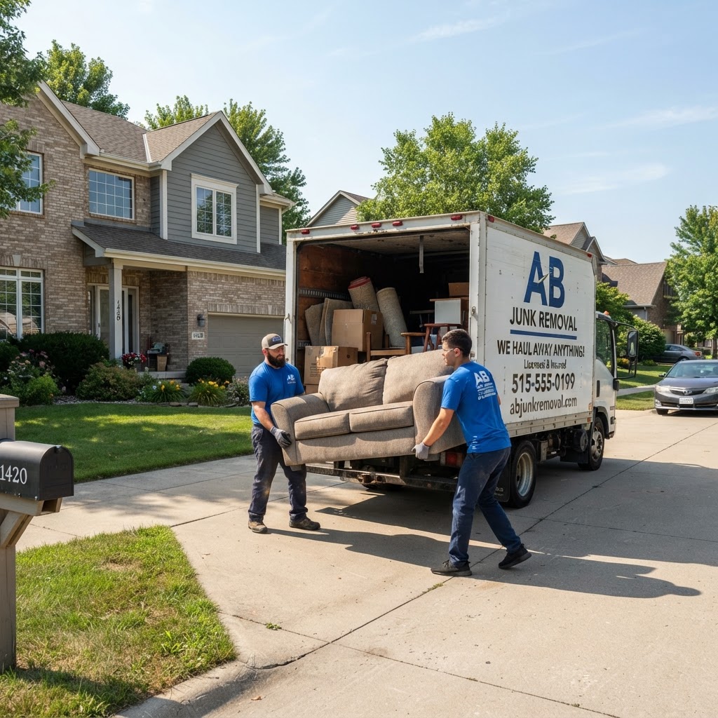 AB Junk Removal crew removing office furniture during a cleanout