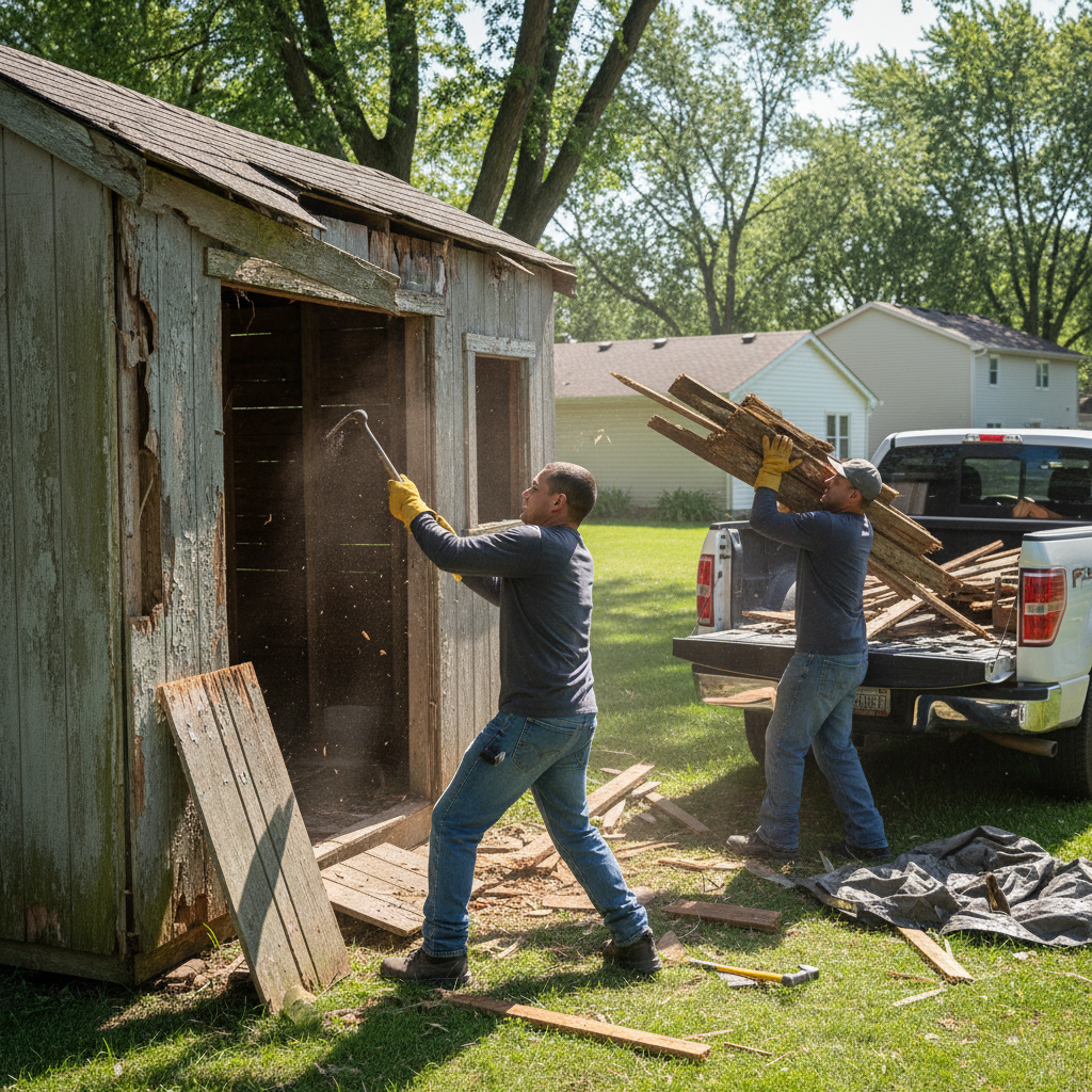 Demolition services Des Moines Iowa — workers removing a shed in a residential backyard