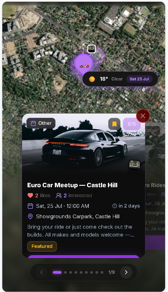 An event card on the Haps map showing the Euro Car Meetup in Castle Hill
