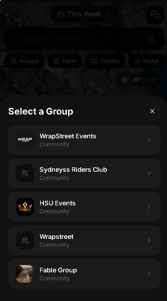 The Select a Group sheet on Haps, listing the organiser's community groups