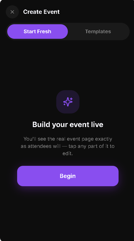 The Create Event screen on Haps with Start Fresh and Templates tabs