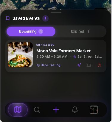Haps saved events list with an upcoming farmers market
