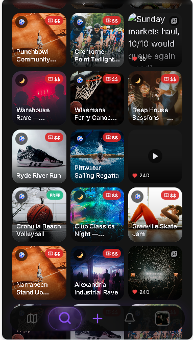 Haps discover feed — a grid of event cards across Sydney