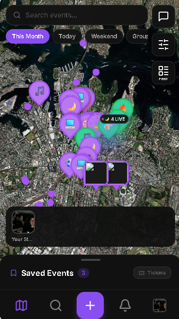 The Haps live event map, showing events pinned across the city