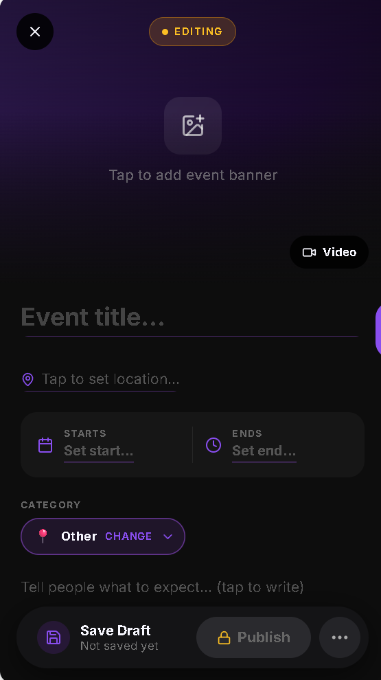 The Haps live event editor showing the banner placeholder, title field and publish bar