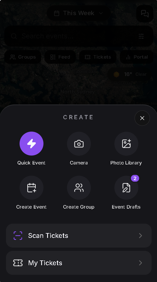 The Haps Create menu with Quick Event, Create Event and Event Drafts options
