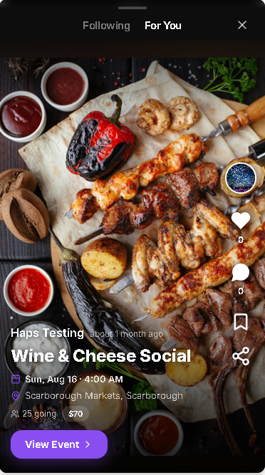 The Haps social feed showing a post for a Wine & Cheese Social event