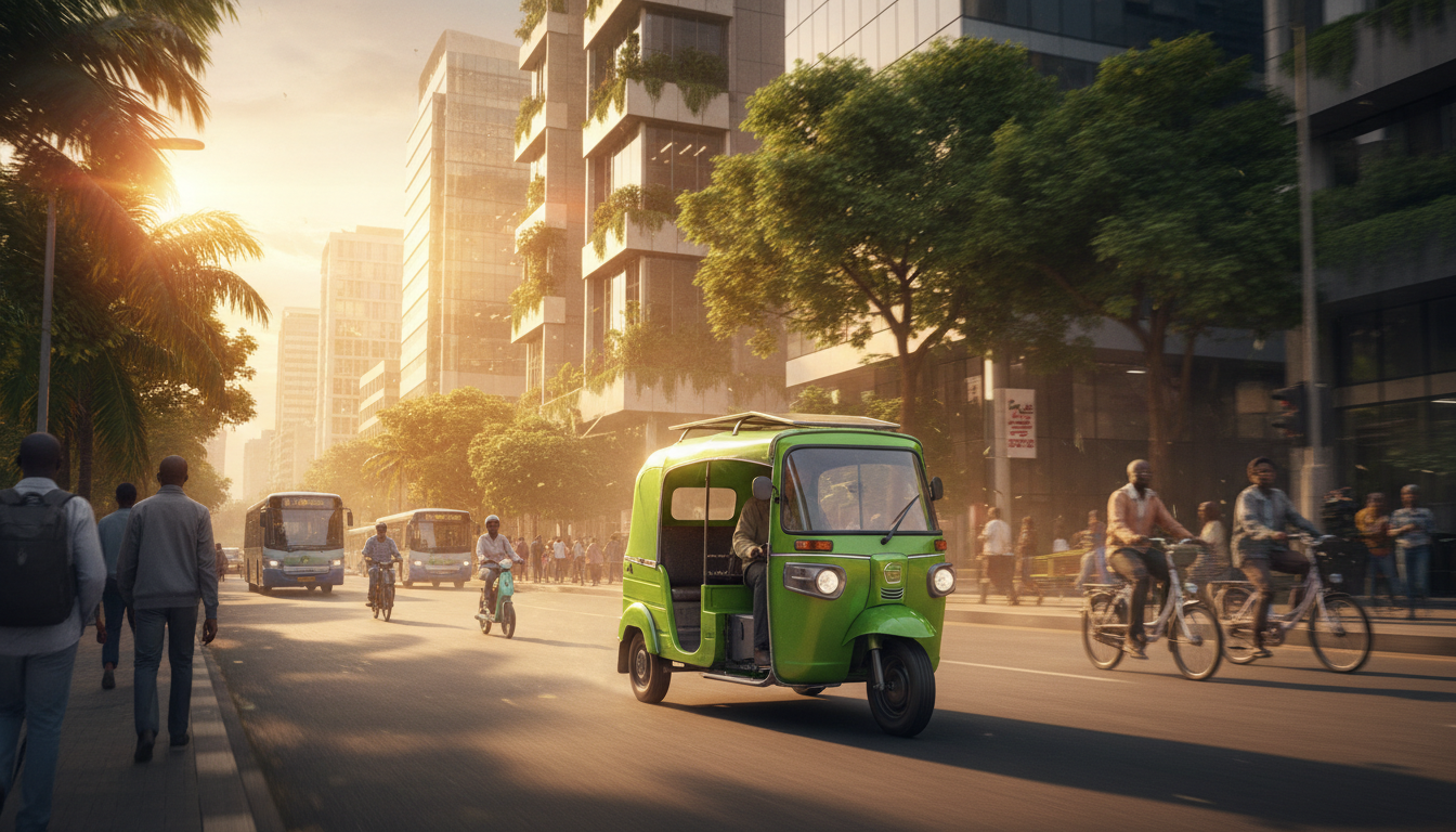 Electric TukTuk driving through a vibrant Kenyan city