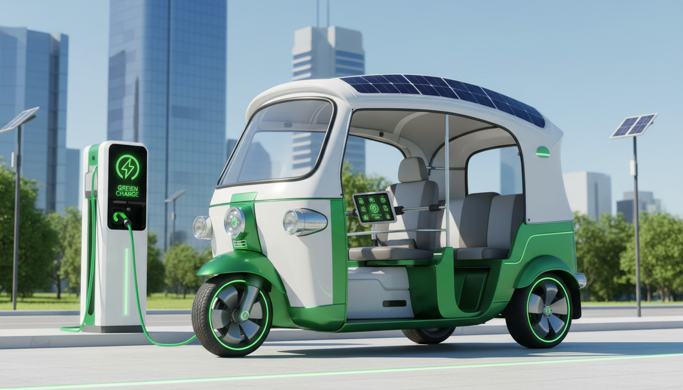Electric solar TukTuk at charging station