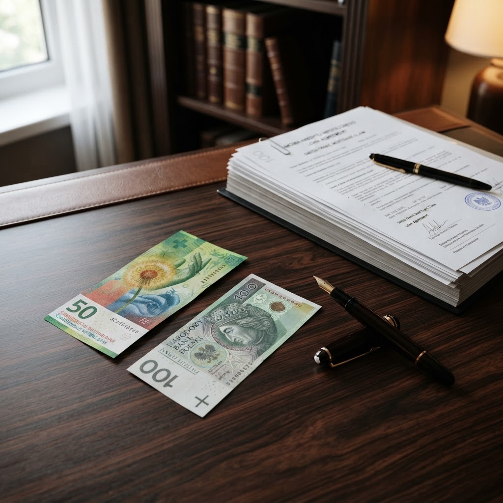 Banknot franka szwajcarskiego CHF i złoty polski obok dokumentów kredytowych – kredyt frankowy po spłacie
