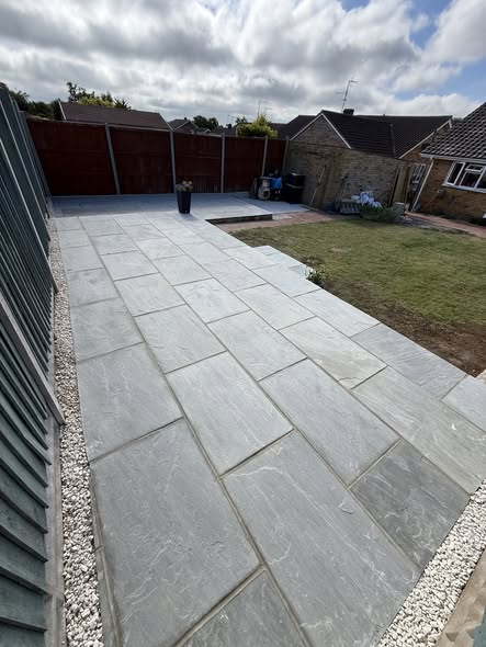Kenstone Wall & 50m² Natural Grey Indian Sandstone Patio — Full Garden Transformation photo 1