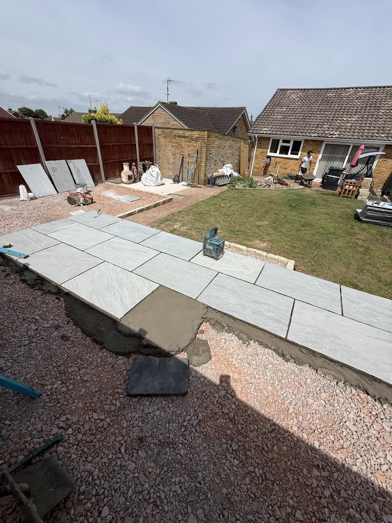 Kenstone Wall & 50m² Natural Grey Indian Sandstone Patio — Full Garden Transformation photo 4