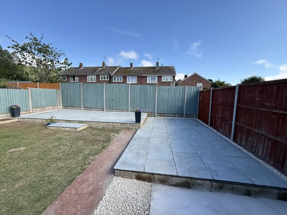 Kenstone Wall & 50m² Natural Grey Indian Sandstone Patio — Full Garden Transformation photo 3