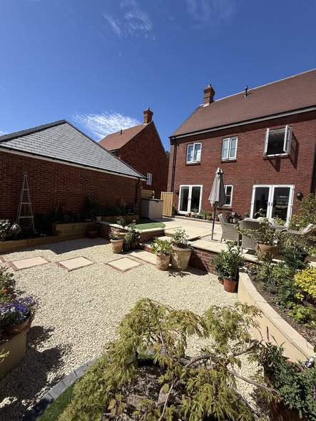 Raised planters and artificial grass