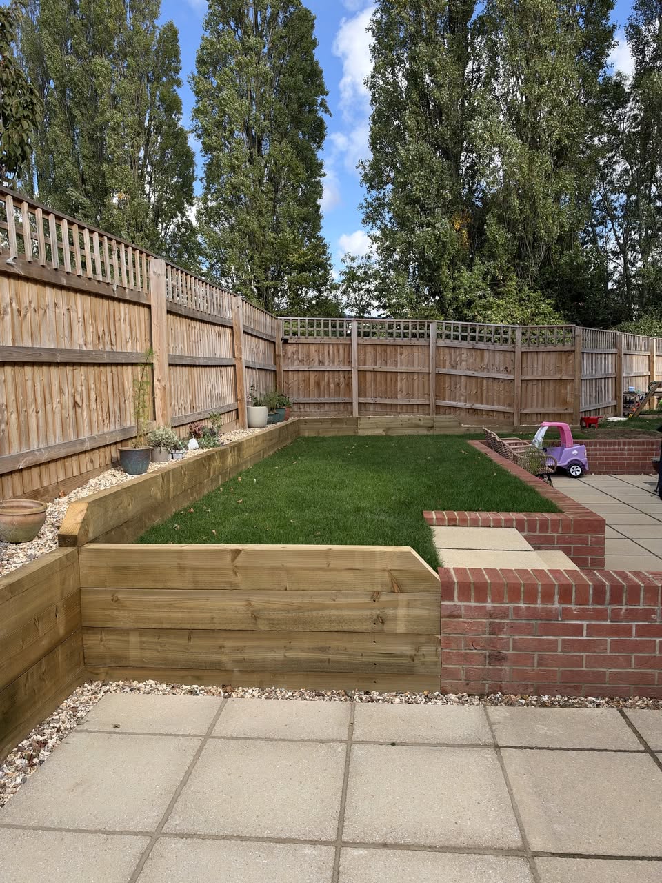 Patios: Garden Level Transformation — Sleeper Walls, Extended Patio, Turf & Bin Store