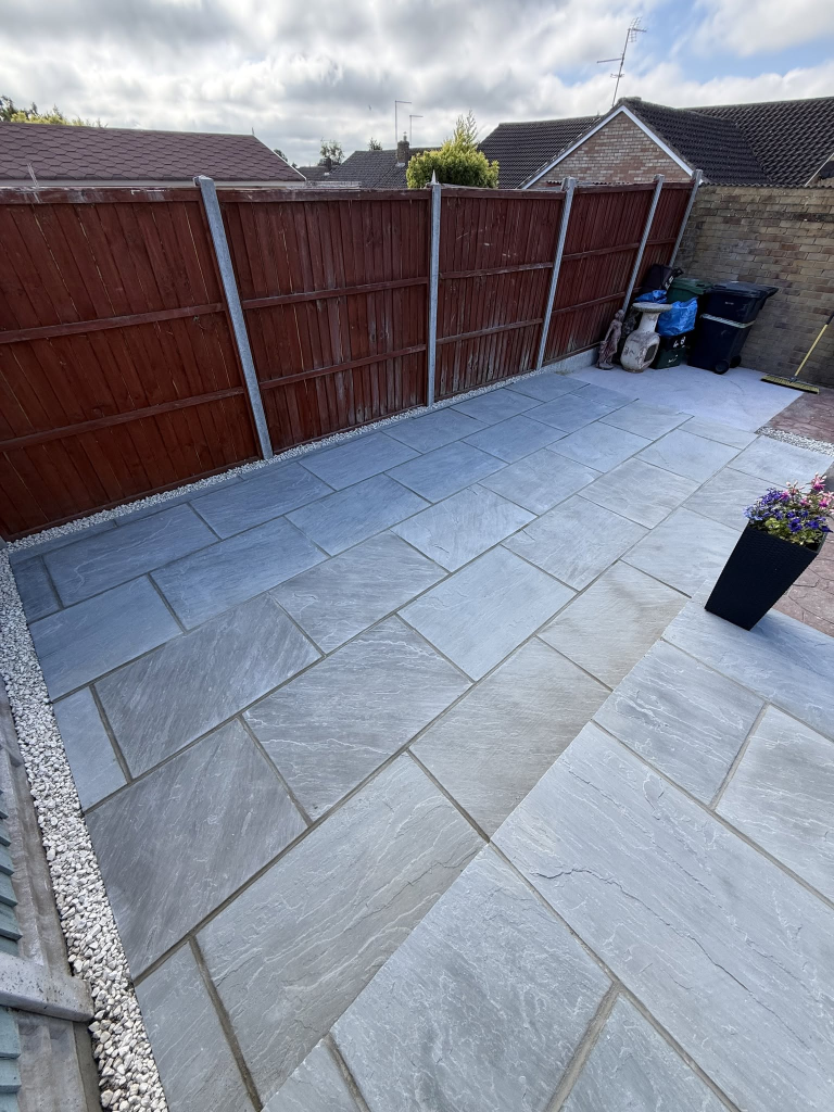 Kenstone Wall & 50m² Natural Grey Indian Sandstone Patio — Full Garden Transformation photo 2