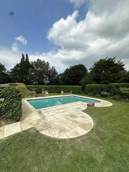 45m² Swimming Pool Area Transformation — Golden Fossil Indian Sandstone photo 3