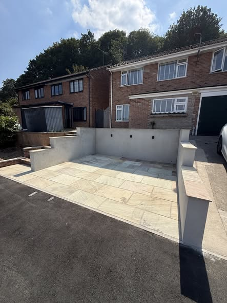 Front Property Transformation — Dropped Kerb, Retaining Walls & Fossil Buff Sandstone Driveway photo 1