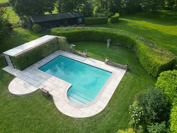 45m² Swimming Pool Area Transformation — Golden Fossil Indian Sandstone photo 2