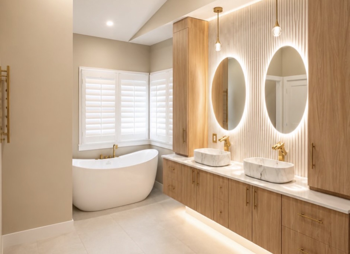 Bathroom vanity and tub area with fluted wall panels, backlit oval mirrors, and warm wood cabinetry in this Burr Ridge, IL bathroom remodeling project