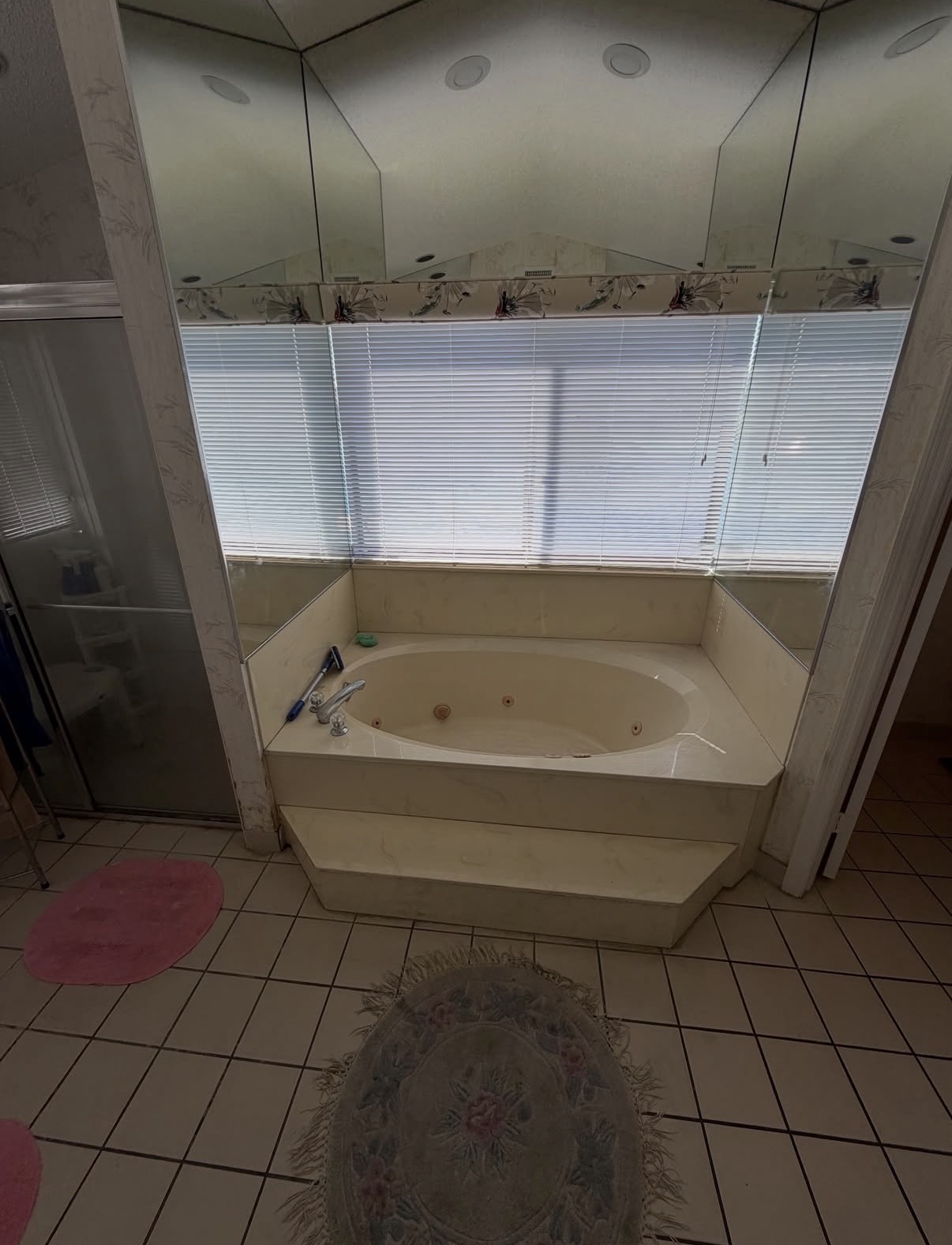 Before bathroom renovation in Hinsdale, IL — dated corner tub enclosure and beige tile