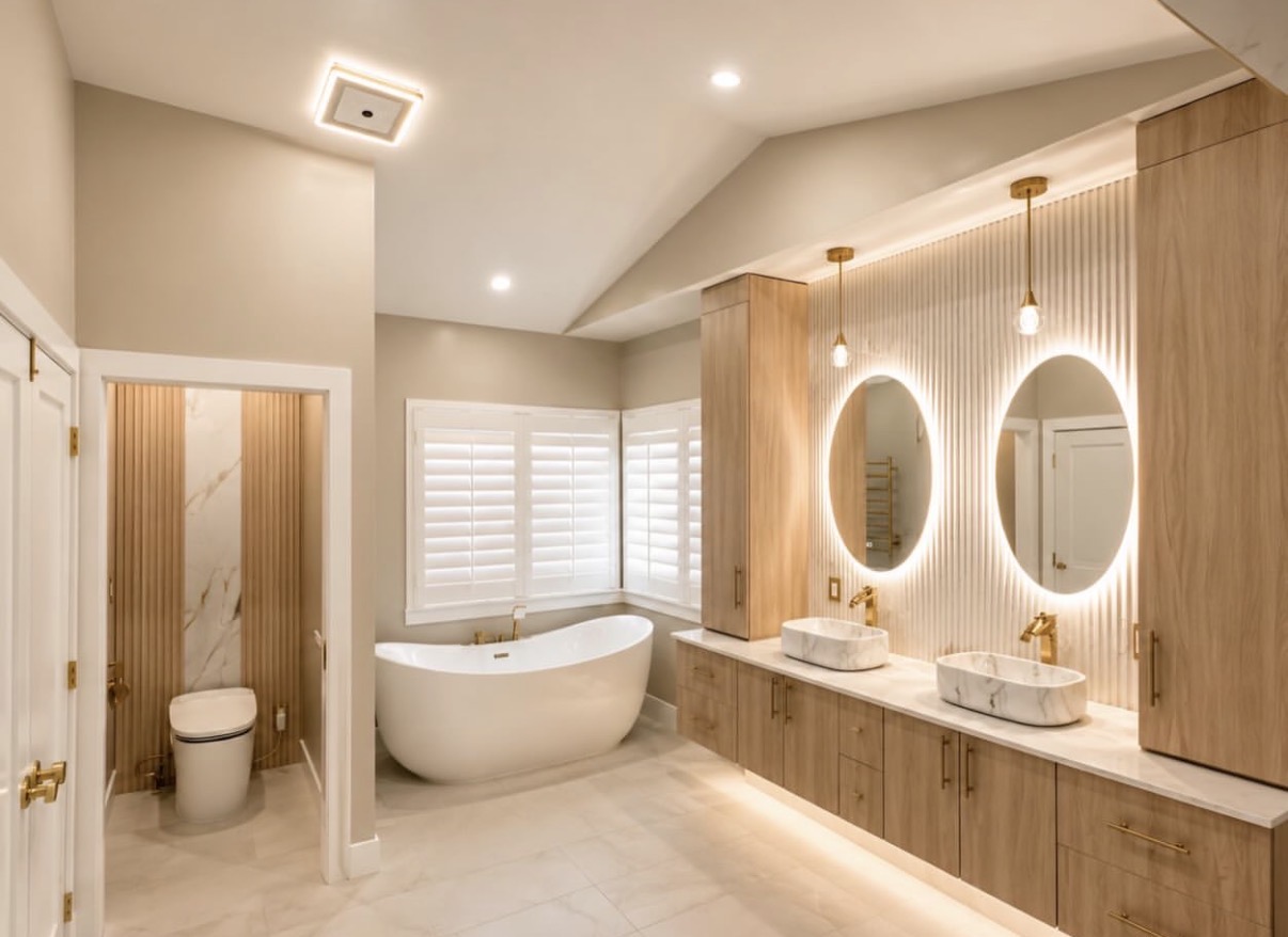 Full-room layout of a luxury bathroom remodeling in Burr Ridge, IL, showing the vanity, freestanding tub, frameless shower, and water closet