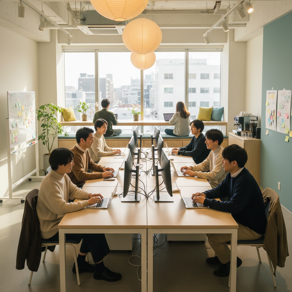 Modern creative office with beige desks