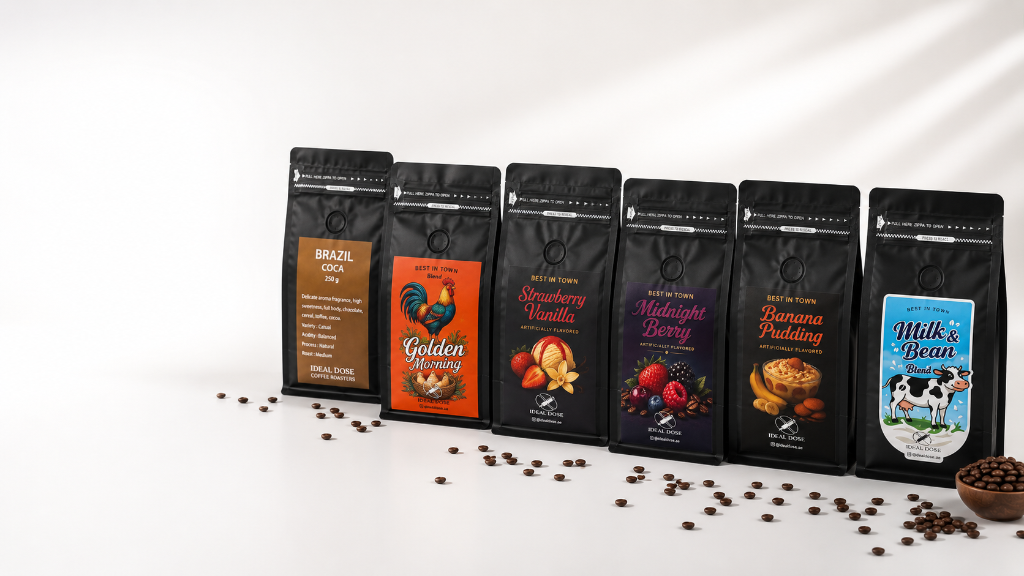 Ideal Dose specialty coffee products — Brazil Coca, Yemen Yafa drip bags, and Coconut, freshly roasted in the UAE