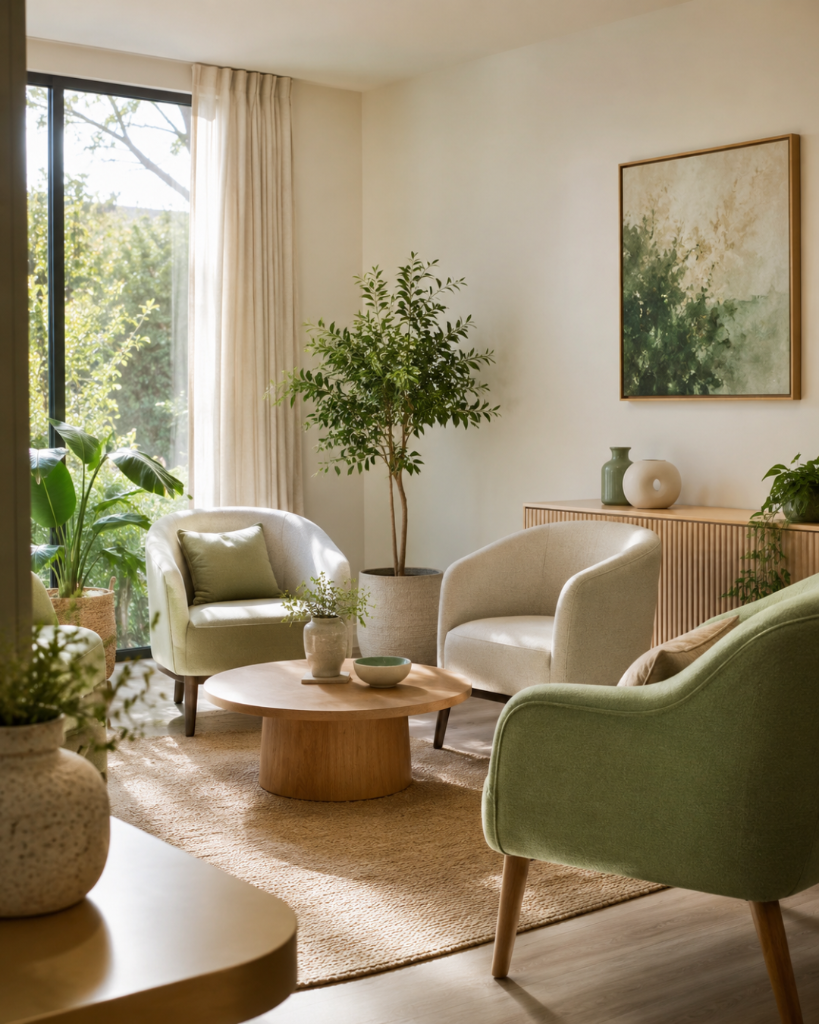 פינת ישיבה מוארת בקליניקה, עם כורסאות וצמחייה