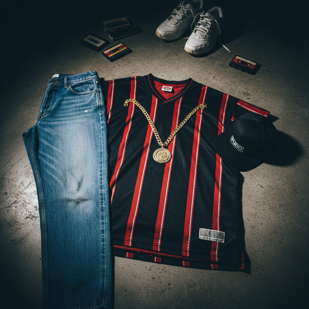 Vintage 90s hip hop streetwear FUBU era jersey flat lay downtown LA